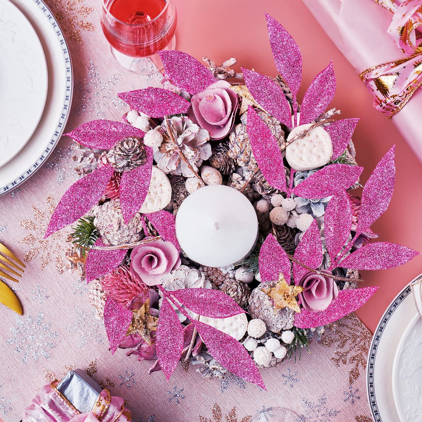 Winlyn 20 Pcs Pink Glitter Bay Leaf Sprays Artificial Christmas Tree Picks Sprays 12.7" Tall for Pink Christmas Tree Wreath Swag Floral Arrangement Winter Wedding Bouquet Centerpiece Decoration