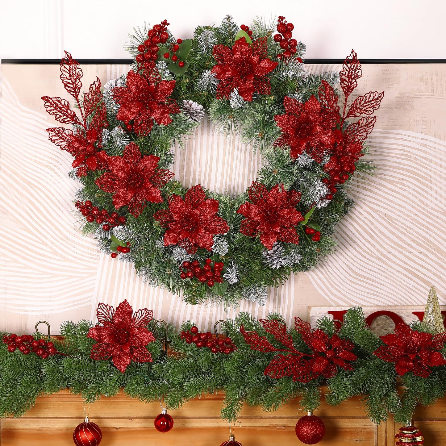 Alupssuc 24 PCS Christmas Tree Decorations, 12 PCS Poinsettia Flowers Artificial+6 PCS Glitter Holly Berry Stems+6 Berry Leaves Christmas Tree Picks for Party Wreath Fireplace, Red