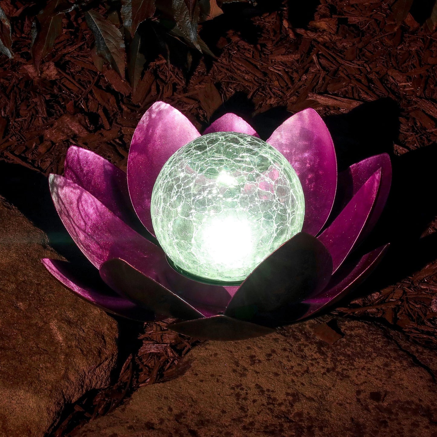 MooneLit Creations MCSLOTUS-V Violet Lotus Flower Solar LED Garden Light with Crackled Glass Globe – Waterproof Metal Outdoor Décor