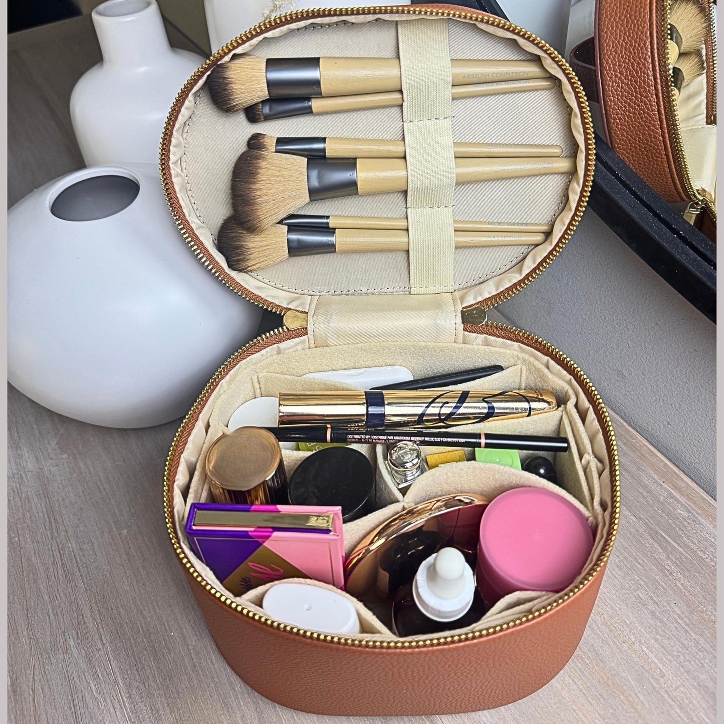 JAZD Vanity Case Makeup Bag with Removable Organizer Divider, Travel Toiletry Cosmetic Organizer for Women (BROWN)