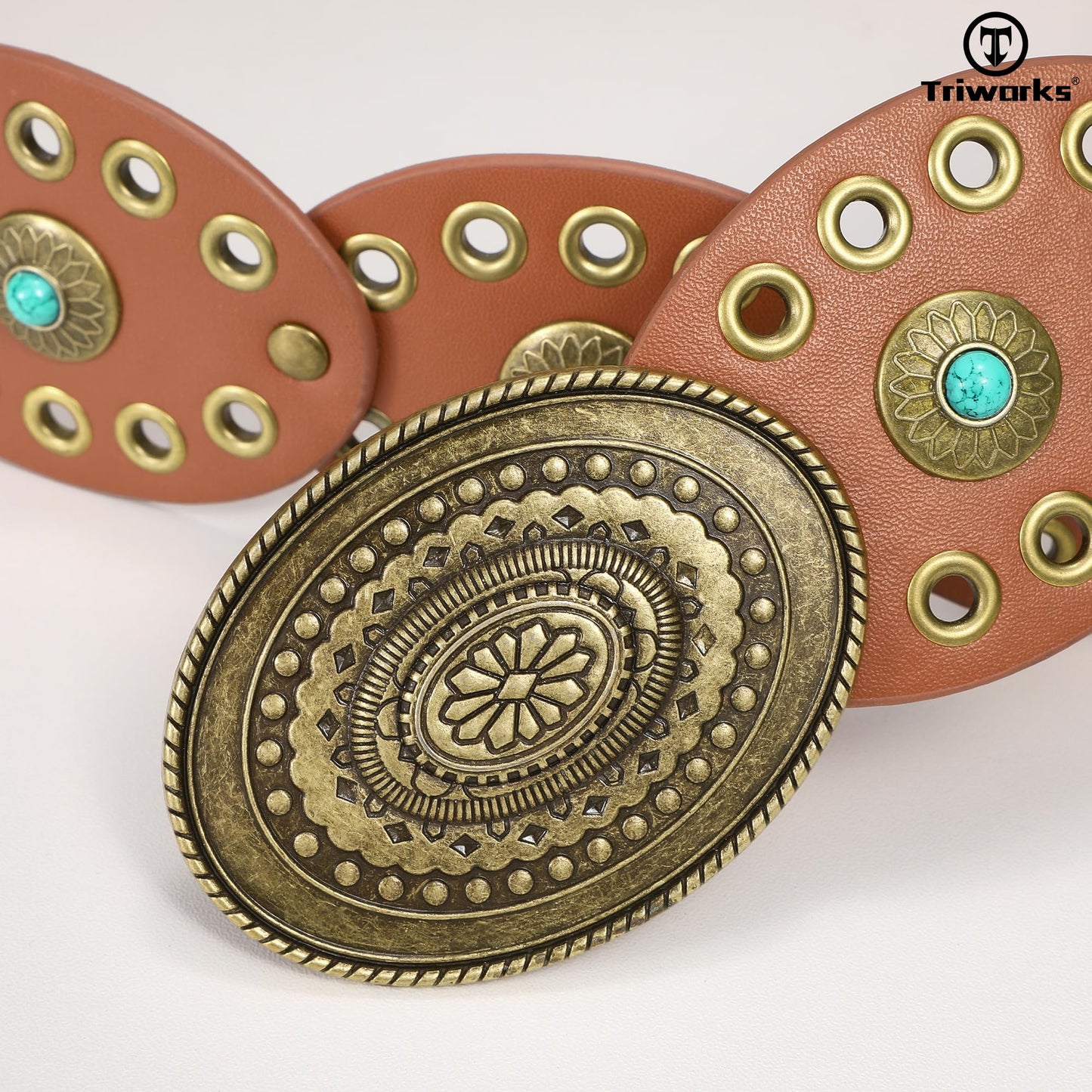 TRIWORKS Western Belts for Women Wide Cowgirl Disc Belt with Turquoise Boho Concho Leather Belt Country Belt for Dress