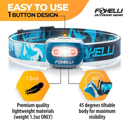 Foxelli LED Headlamp Flashlight for Adults & Kids, Running, Camping, Hiking Head Lamp with White & Red Light, Comfortable Headband, Lightweight & Waterproof, 3 AAA Batteries