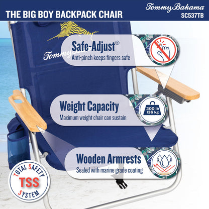 Tommy Bahama Big Boy 4-Position Folding 13" High Seat Backpack Beach or Camping Chair, Aluminum, Navy