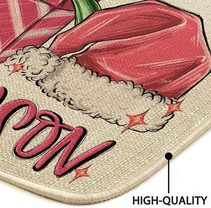 Christmas Hat Front Door Mat Indoor Outdoor Entrance 17x29, Tis The Season Xmas Winter Washable Non-Slip Rubber Pink Doormat Inside Outside Entrance, Welcome Floor Mat for Home Holiday Decor AH31