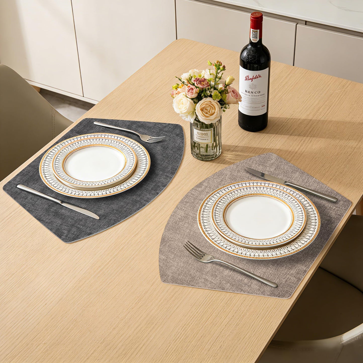 Round Table Placemats Set of 4, Dual-Sided Wedge Shape Faux Leather Table Mats, Washable Wipeable Heat Resistant Place Mats for Outdoor Indoor, Camel Gray