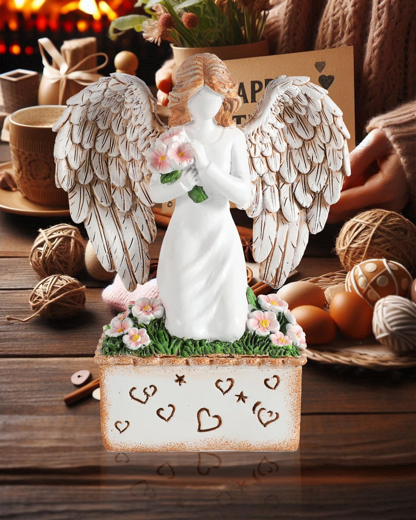 GoGnome Angelic Embrace - Resin Angel Figurine with Bouquet and Heart Accents Decorative Base - A Gift to Express Unwavering Love, Remembrance, Sympathy, Comfort Healing for Women Girls (Angel)