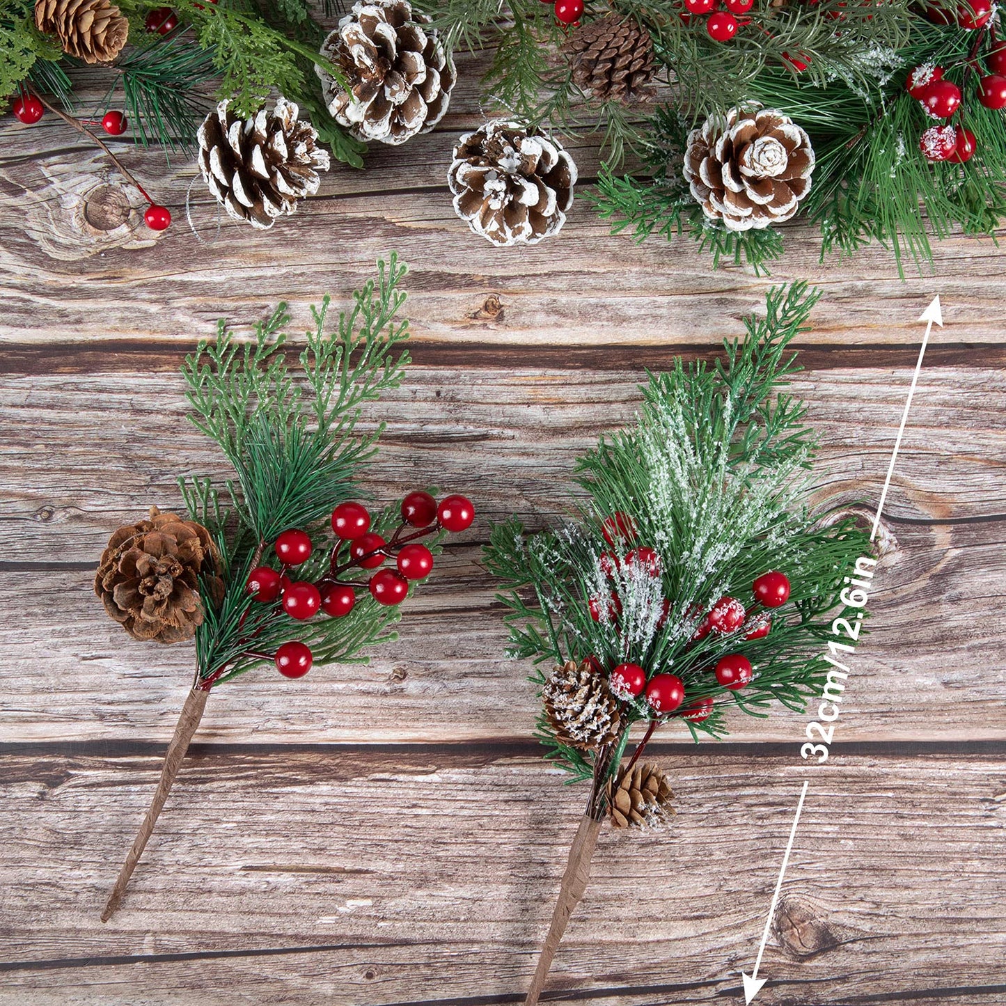 AnyDesign Artificial Christmas Picks Assorted Faux Pine Picks Red Berry Picks Stems Spray Twigs Evergreen Branches for DIY Holiday Art Gift Craft Garland Ornament Floral Arrangement Wreath (8 Pack)