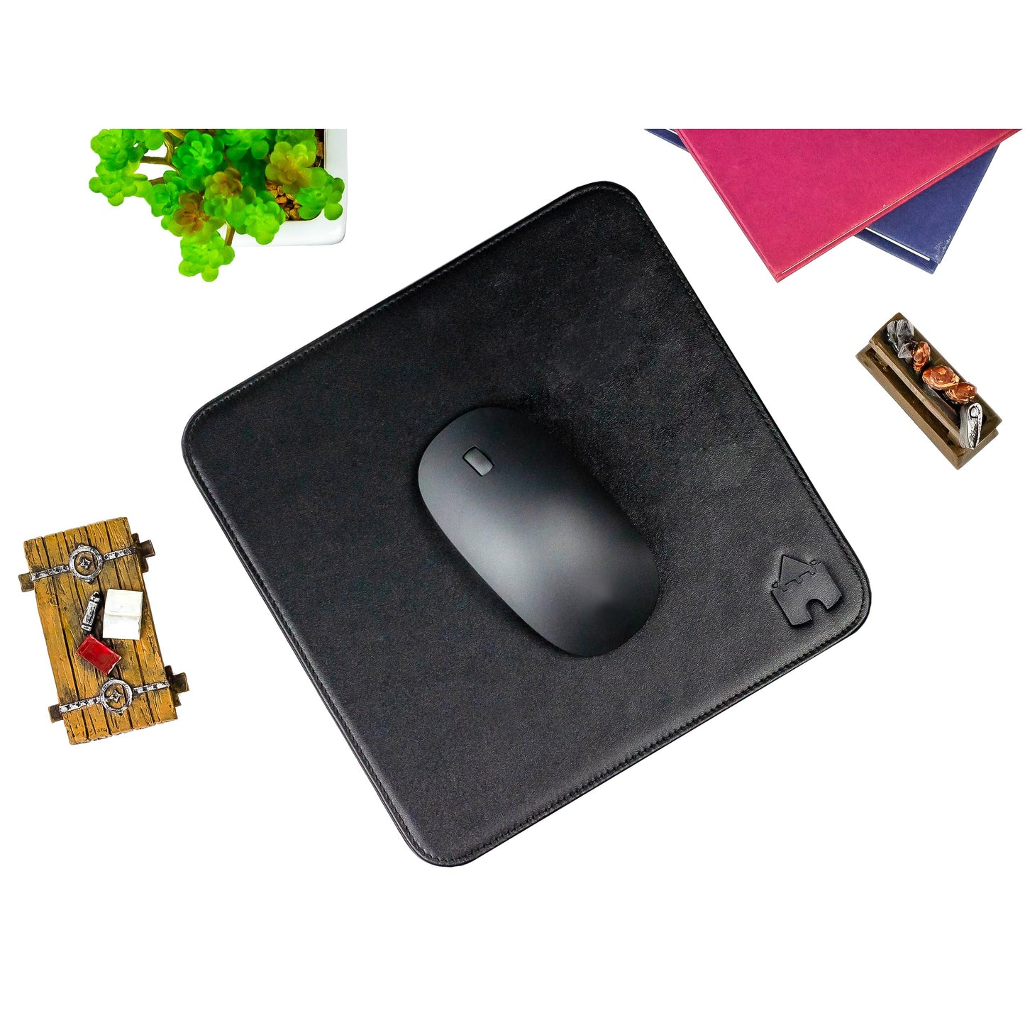 Castle Moat Mouse Pad Durable Genuine Leather, Easy to Clean Computer Mouse Pad with Non-Slip Rubber Base for Home and Office (Logo)