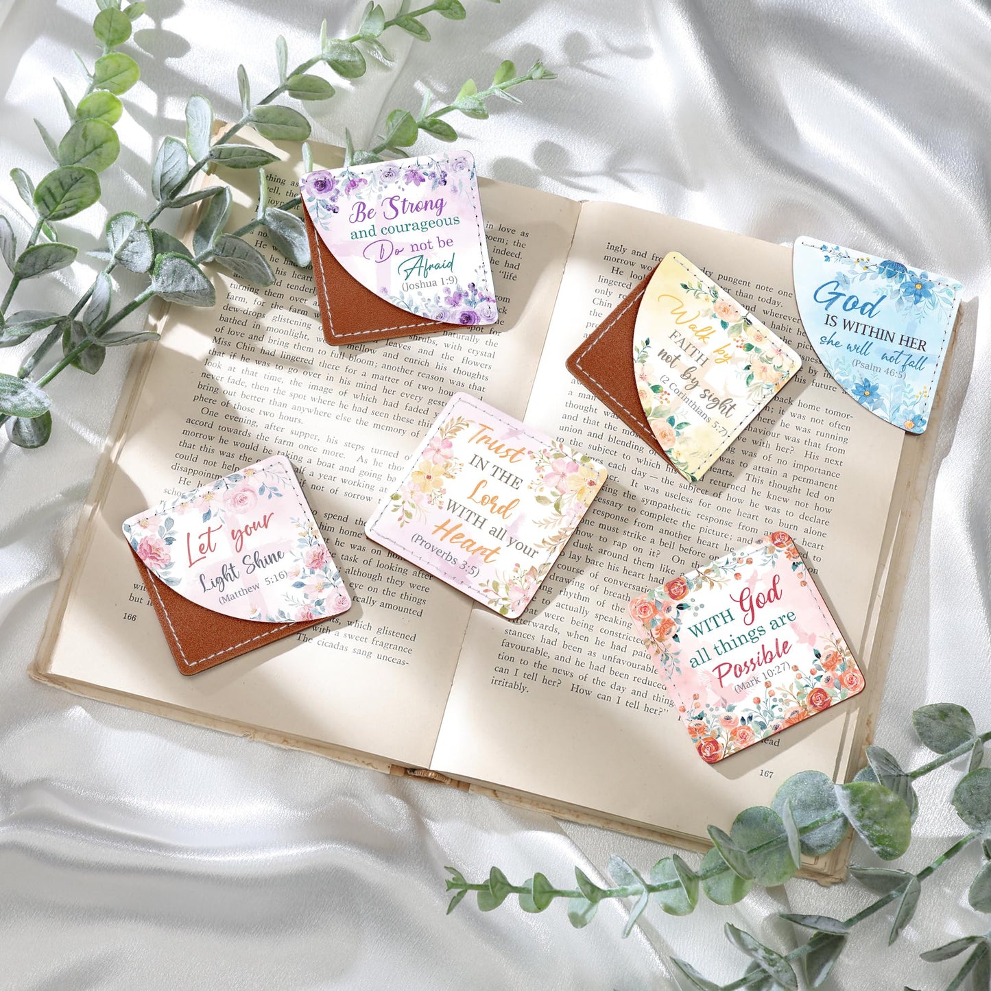 Celavoy Christian Leather Bookmark Gifts - 6 Pcs Bible Verse Cross Corner Bookmarks for Women Book Lover Religious Flower Page Markers Reading Accessories Bookish Gift for Birthday Christmas Church