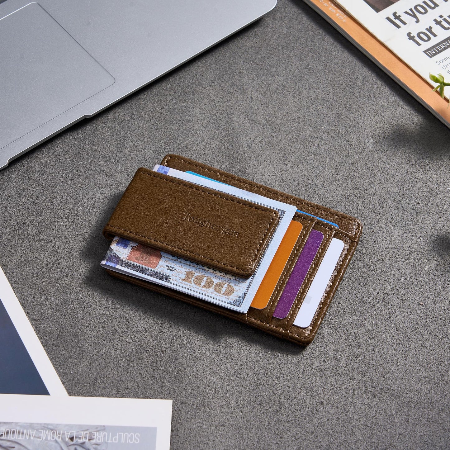 Toughergun Slim Wallet for Men RFID Blocking Money Clip, Minimalist Front Pocket Credit Card Holder, Magnetic Thin Mens Wallets with ID Window（Wax Brown）