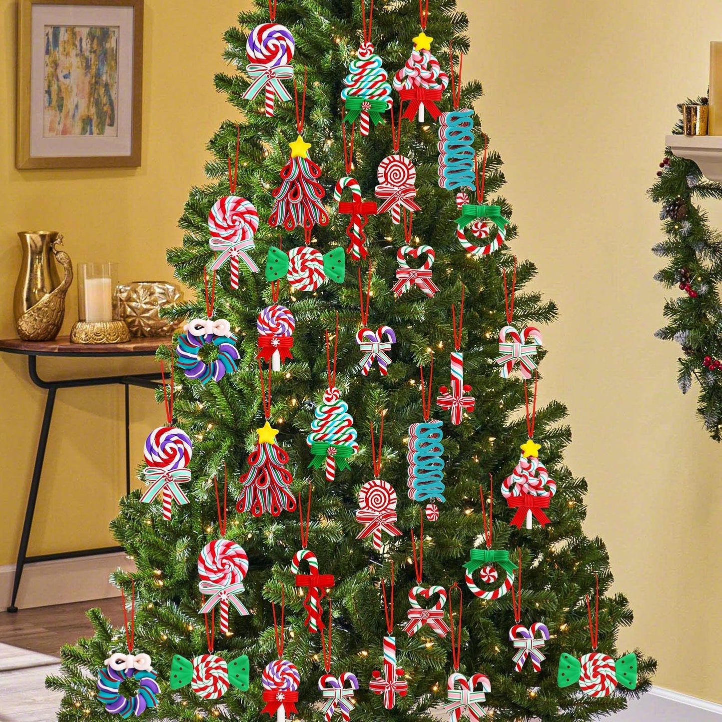 AUGSUN 16Pcs Christmas Lollipop Ornaments, Christmas Mini Candy Cane Hanging Ornaments Polymer Clay Peppermint Pendants for Xmas Tree Party Home Decorations(Red and Blue)
