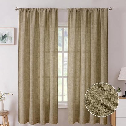 Tollpiz Short Linen Curtains Living Room Rod Pocket Semi Sheer Curtain Burlap Light Filtering Thick Linen Drapes for Bedroom, 54 x 54 inches Long, Taupe, Set of 2 Panels