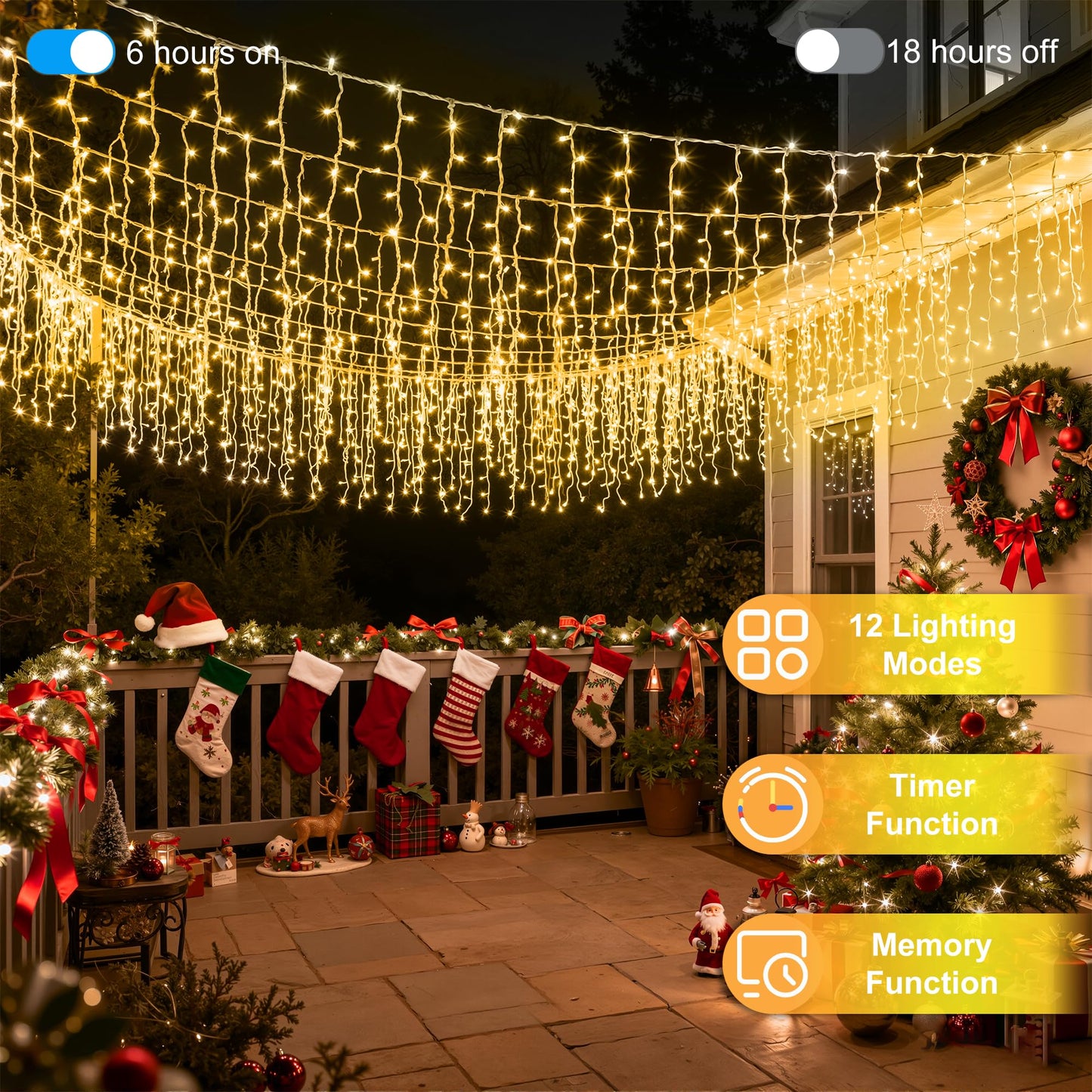 810LED 82ft Christmas Lights, 180Drops 12 Modes Warm White Christmas String Lights Outdoor Dimmable, Waterproof Christmas Decoration Fairy Lights with Timer for Indoor Eaves Party Patio Window Fence