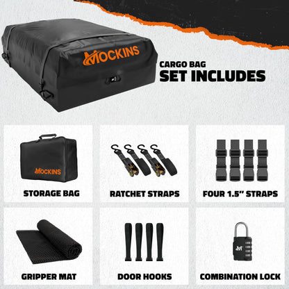 Mockins 25 Cu.Ft. Heavy Duty Car Roof Bag 60"x43"x17" | Works with or Without Roof Rack | Great for Road Trip Vacations, Camping Adventures & More | Set Includes Roof Mat, Lock, Hooks & Straps