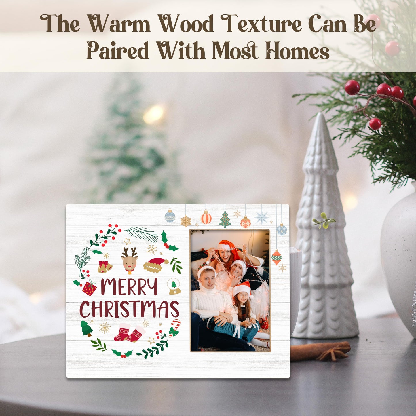 TIRYWT Christmas Picture Frame 4x6, Christmas Reindeer Wooden Photo Frame for Xmas Gifts, Winter Holiday Home and Office Decor, Tabletop or Wall Hanging Display Frame - T03