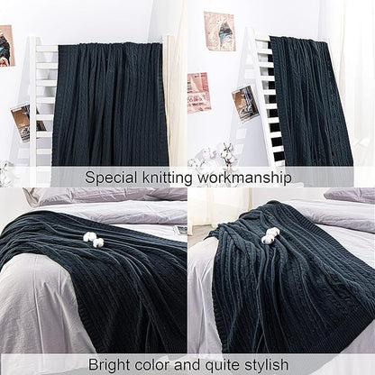 NTBAY 100% Pure Cotton Oversize (60x80) Cable Knit Throw Blanket, Super Soft Warm Knitted Throw Blanket for Bed, Sofa, Chair, Couch - Extra Cozy, Machine Washable, Comfortable Home Decor, Navy