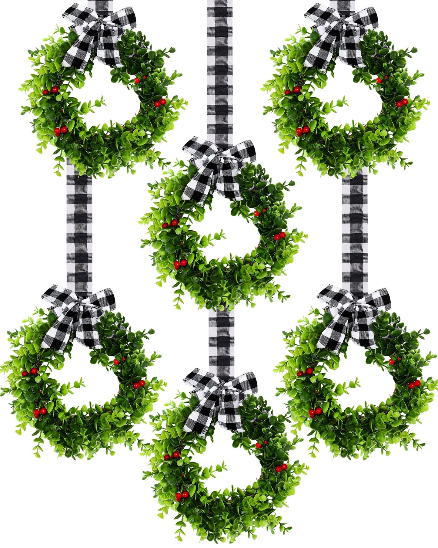 Canlierr 6 Pcs 8 Inch Christmas Kitchen Cabinet Wreaths with 31.5inch Ribbon Small Mini Christmas Wreath for Window Door Chair Wall Xmas Decoration(Plaid)