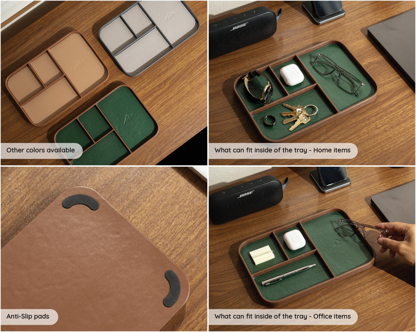 MUUJEE Leather Catchall Multitray (Design 3) - 11.65 x 7.75 x 0.8, Nightstand Entryway Bedside Dump Tray Valet Organizer for Keys Phone Wallet Watch Glasses Pens, Office Desk Accessory for Men, Green