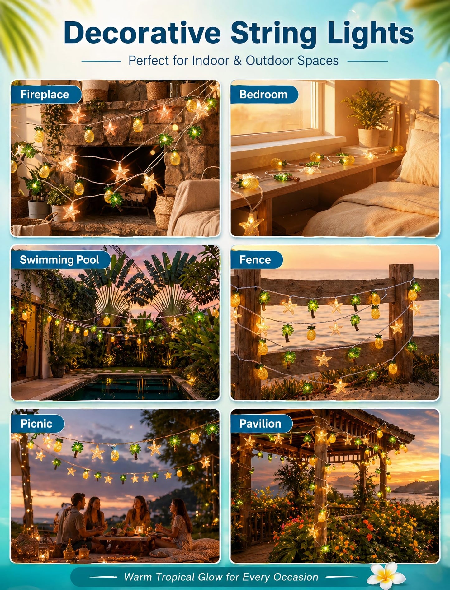 19Ft Hawaiian Beach String Lights Outdoor with 35 LED Starfish, Pineapple & Palm Tree Lights, Plug-in Tropical Party Decoration for Patio, Backyard, Garden, Window, Tiki Bar, Pool Party Decor