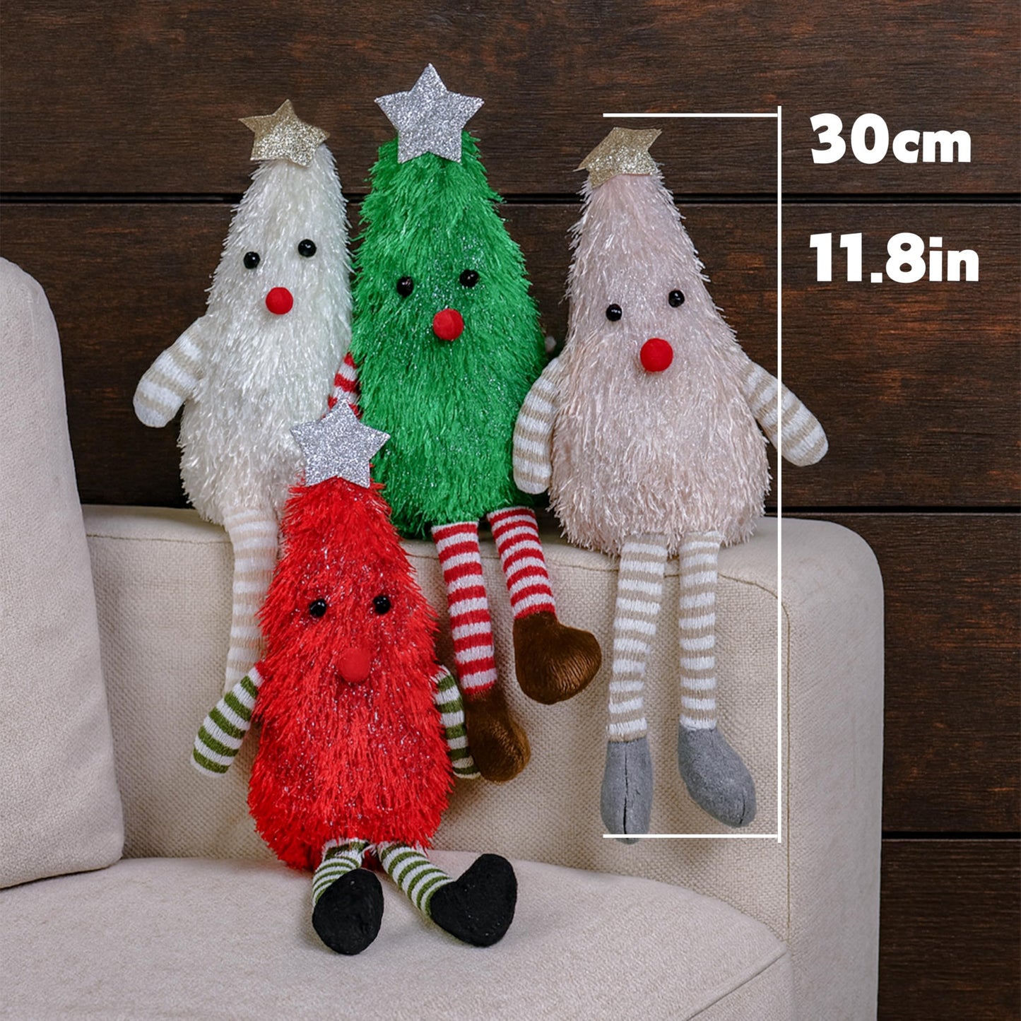 Beaver Rain Cat 4-Pack Christmas Tree Plush Dolls, Festive Stuffed Figurines with Striped Legs & Star Toppers for Holiday Decor