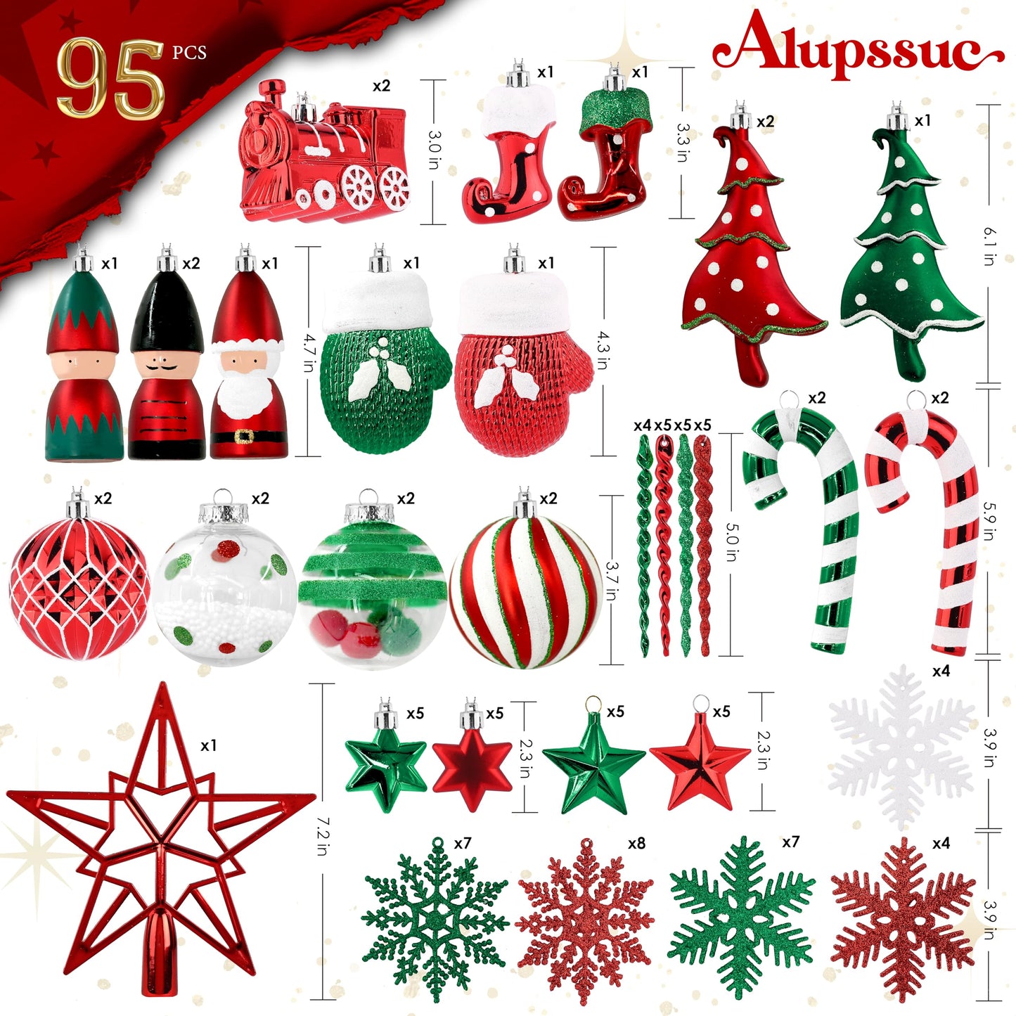 Alupssuc 95pcs Christmas Balls Ornaments Set, Shatterproof Plastic Baubles, Soldiers, Christmas Socks for Xmas Tree Holiday Wedding Party Decorations with Hanging Strings, White, Red and Green