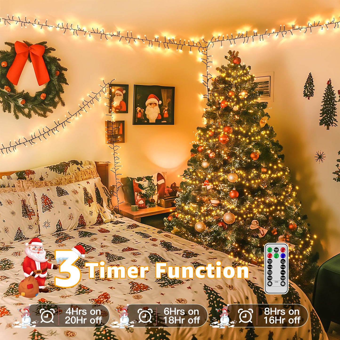 Ccinny 1200 LED 59 FT Cluster Lights, Warm White Christmas Tree Lights 8 Modes Timer Remote, Waterproof String Lights for Indoor Outside Garland Xmas Decorations