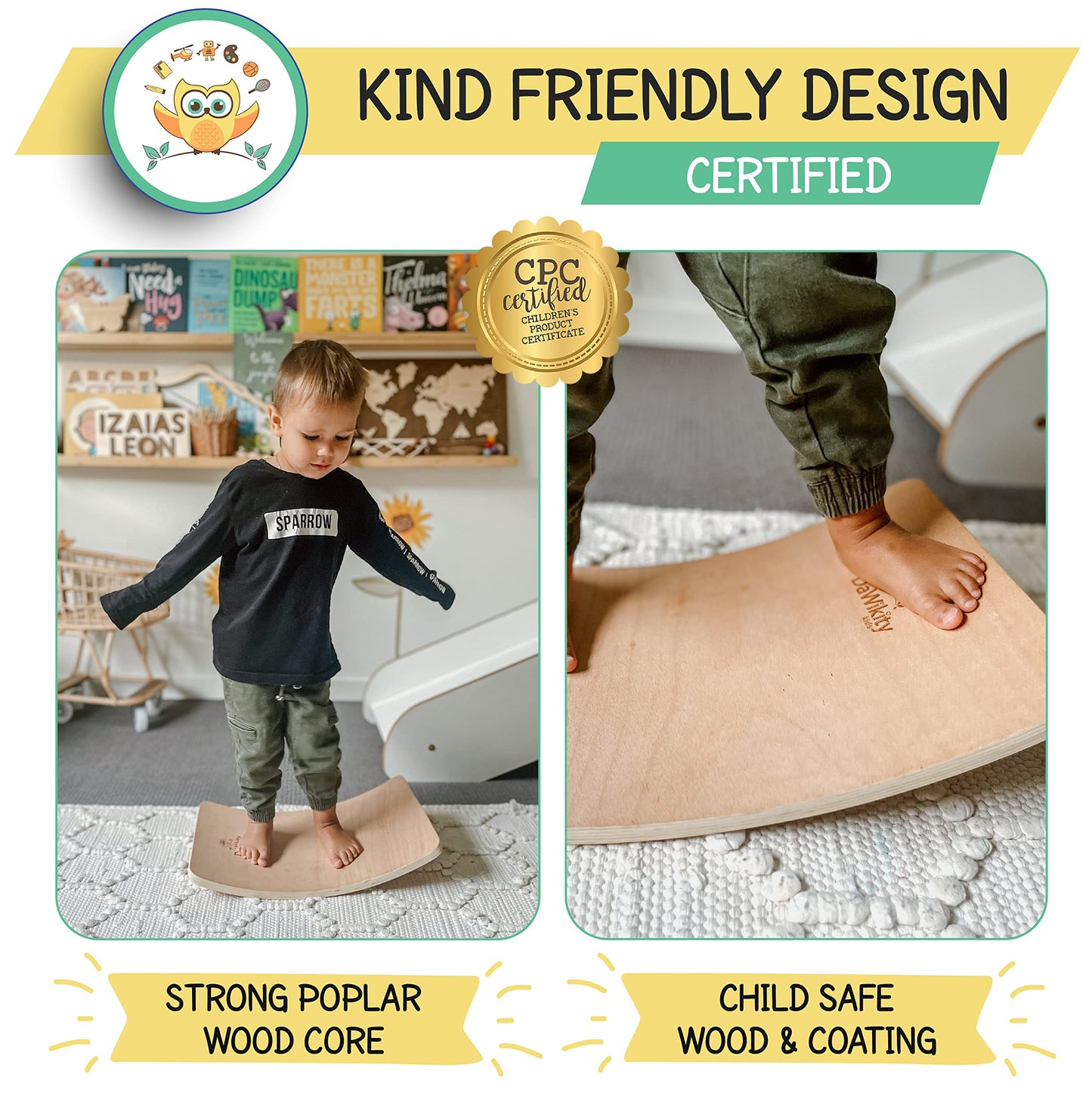 DaWikity Kids Balance Board - Wooden Wobble Board for Kids - Compact Balancing Trainer - Poplar Core - Eco-Coating - Sensory Motor Development - Core Strengthening - 17x12x3", Up to 480 lbs Capacity