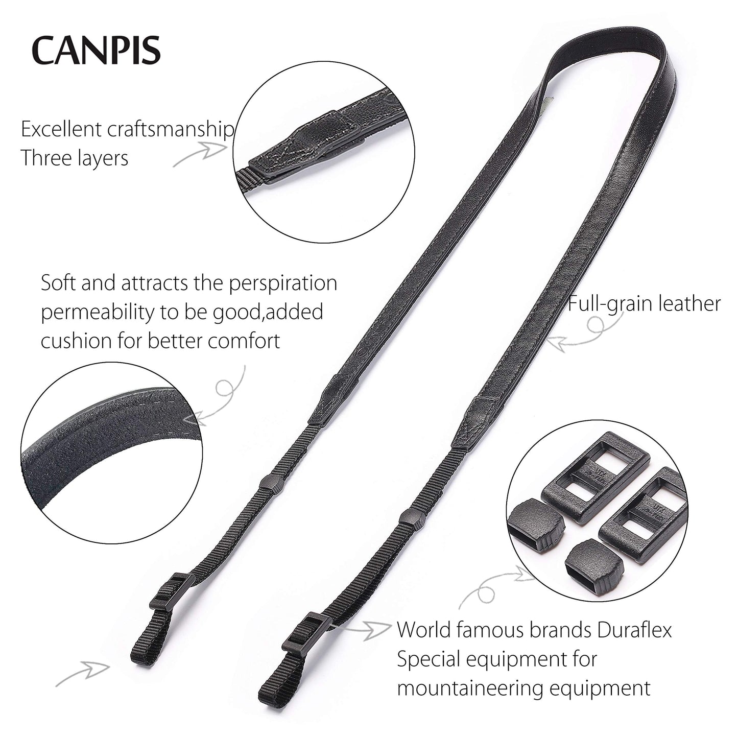 CANPIS CP008 Leather Camera Shoulder Neck Strap compatible with Canon Nikon Leica Fuji Sony Olympus etc. Black Color, Adjustable Length, Slim with Flocking Comfortable Pad