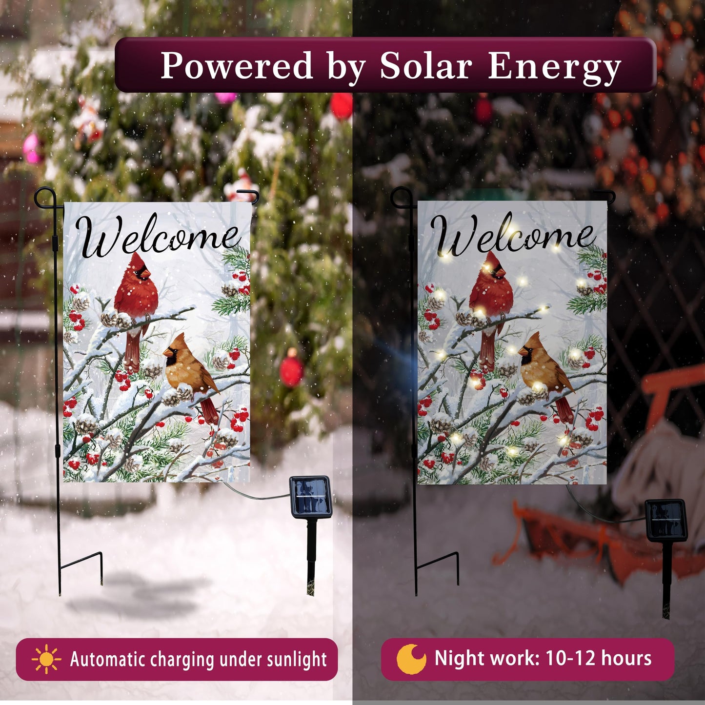 Welcome Cardinal Lighted Garden Flag Winter Double-Sided Solar LED 8 Lighting Modes with 16 Lights Winter Patio Home and Outdoor Decor Christmas Decoration Outdoor Lawn Porch Decoration(Cardinal)