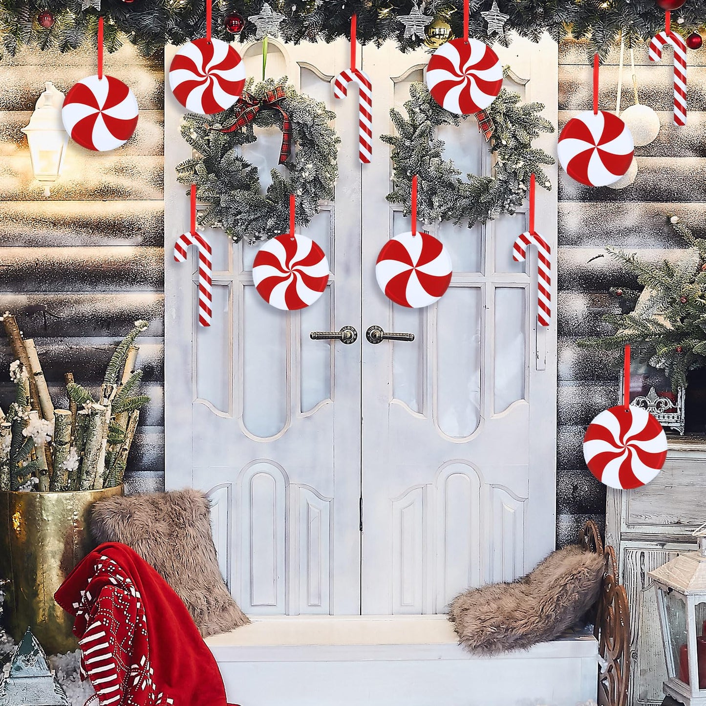 Soaoo 30 Pcs Outdoor Christmas Candy Cane Decorations Hanging Peppermint Christmas Yard Signs Double Sided Lawn Decorations Plastic Outside Hanging Yard Decor for Xmas Tree Porch Home