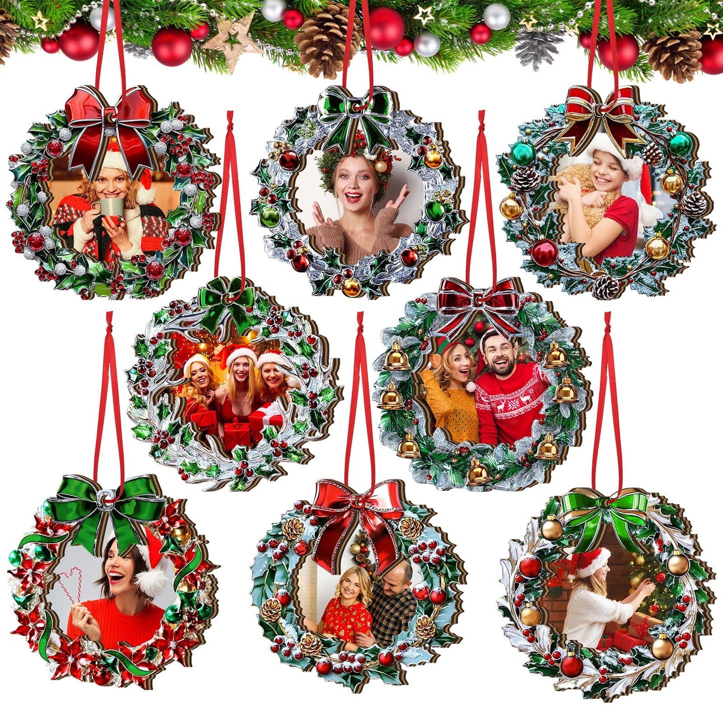 Yalikop 16 Pcs Christmas Photo Frame Ornaments Wooden Nutcrackers Santa Snowman Snowflake Picture Frame Tree Decoration DIY Photo Keepsakes for Xmas Party Decorations Winter (Wreath)