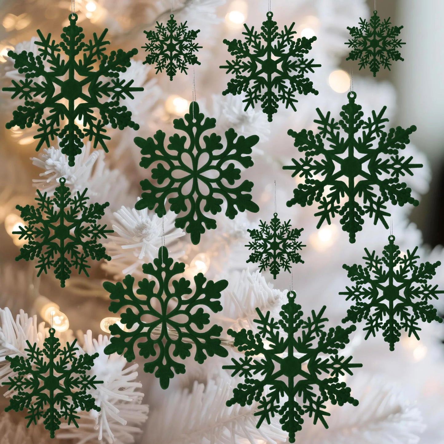 36pcs Dark Green Flocked Christmas Snowflake Ornaments, Hanging Velvet Snow Flakes for Christmas Tree Decorations Winter Wonderland Frozen Birthday Party Holiday Home Decor Craft Snowflakes
