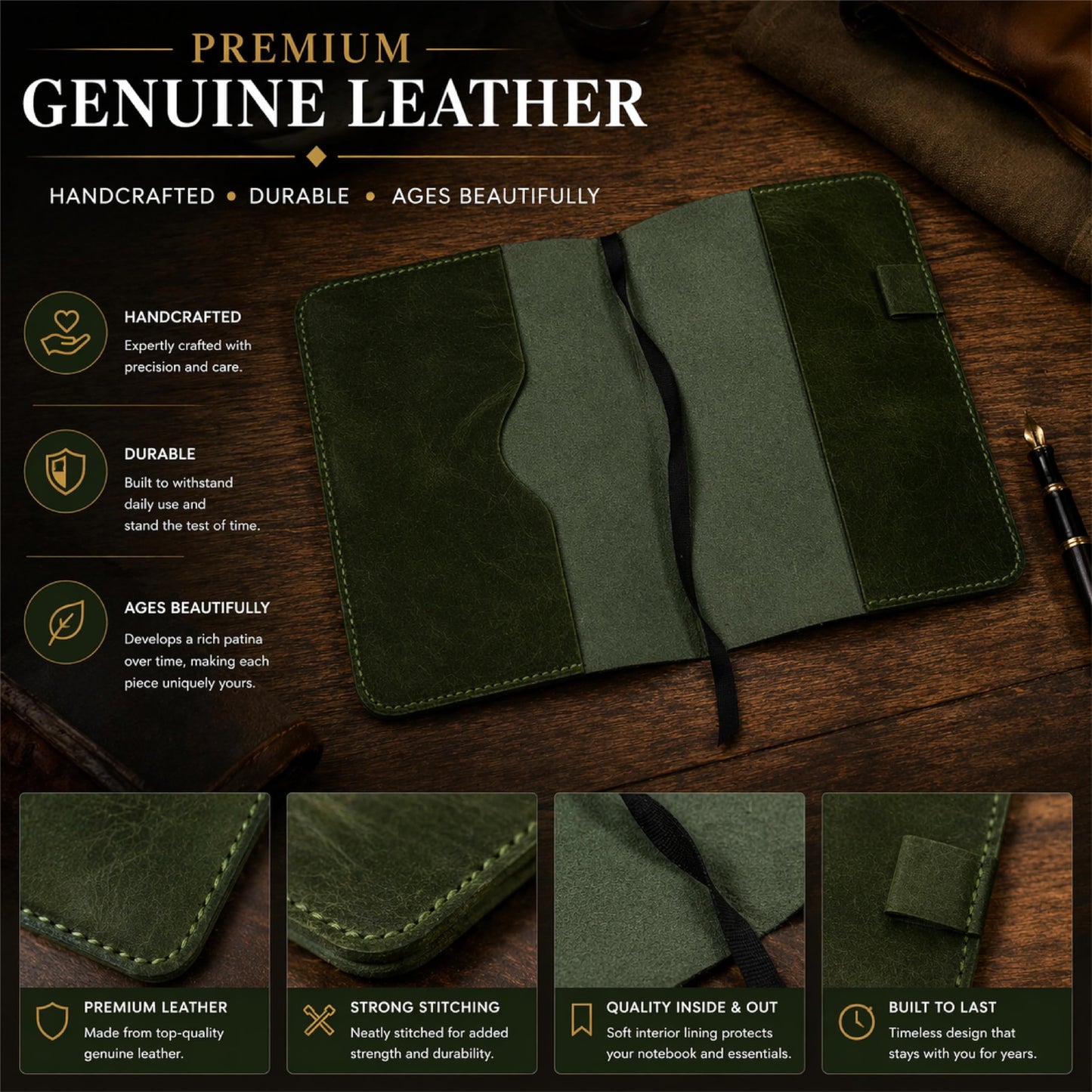 TheAntiq Premium Leather Journal Cover A5 – Handmade Refillable Notebook Cover Sleeve with Pen Holder for Writing, Travel & Business Use 5.75 x 8.25 (Green)