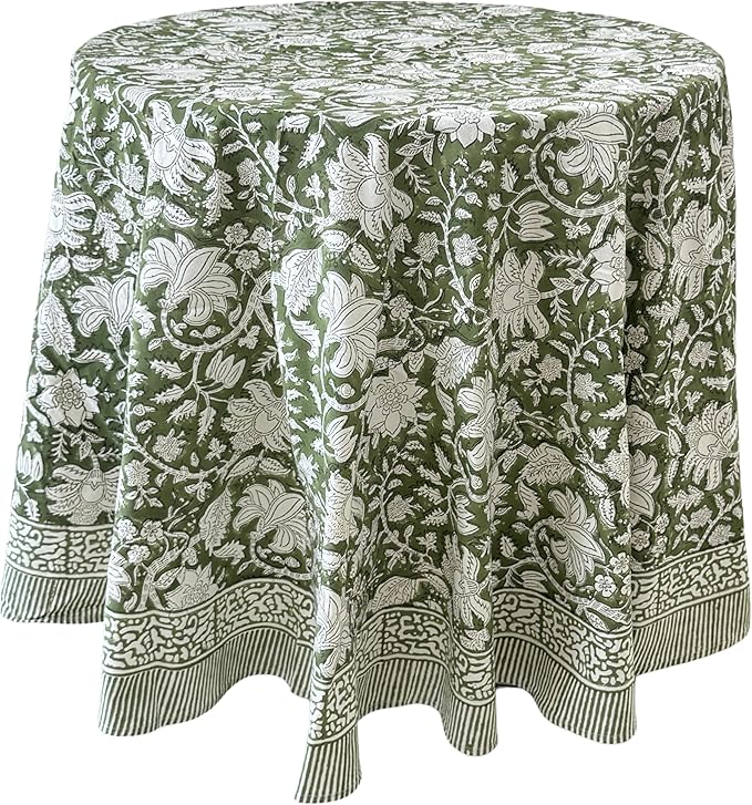 ATOSII Noori Green 100% Cotton Round Tablecloth, Handblock Print Floral Table Cloth for Kitchen Dining Linen I Parties, Weddings, Outdoors I Summer Home Decor 72" Inches Round