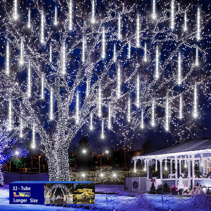 Christmas Decoration Outdoors- 32 Tubes (Equivalent to 4 Sets of 8-Tubes) Meteor Shower Rain Lights, White Falling Rain Lights for Christmas Decor Xmas Tree Halloween Yard Wedding Party, UL Plug