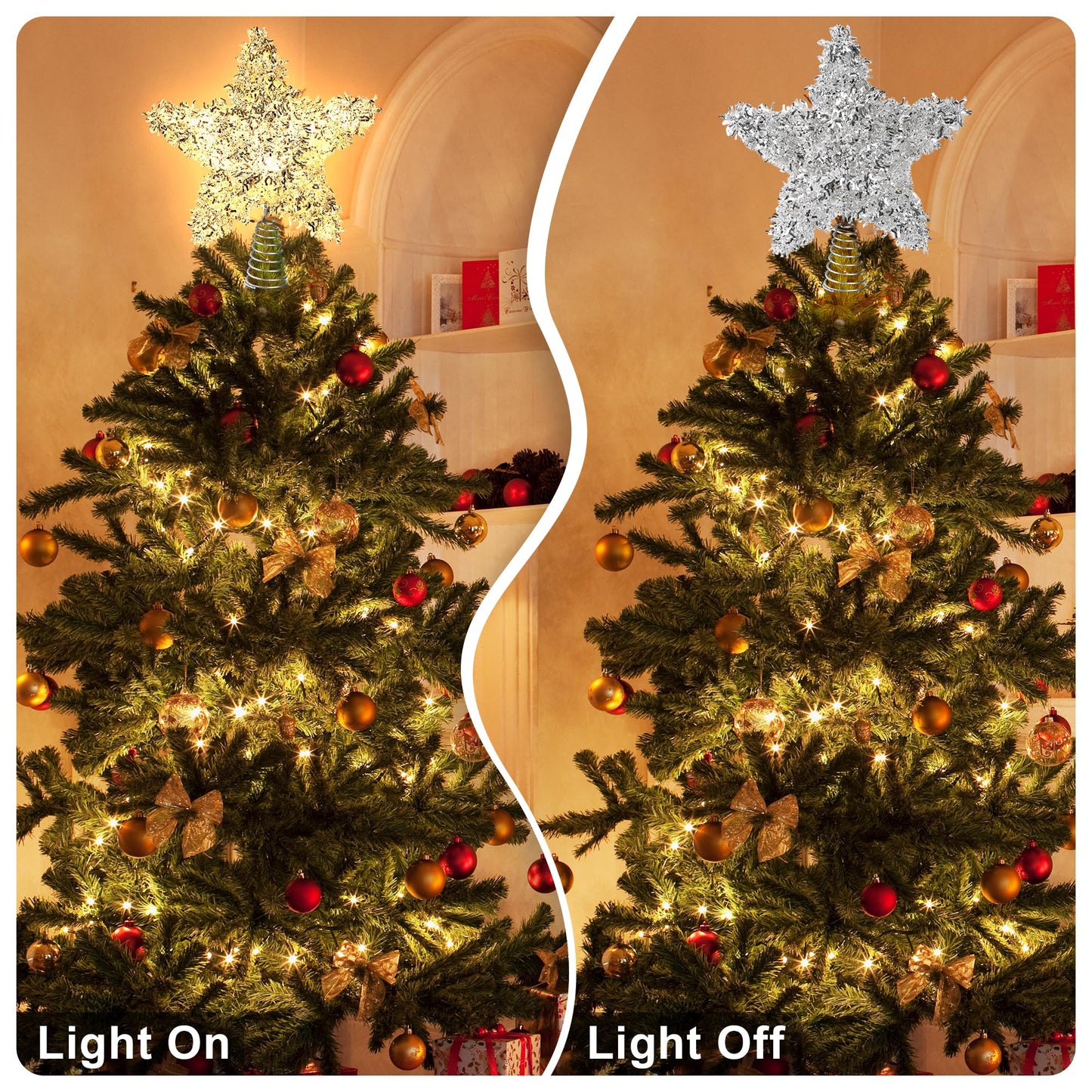 LAWOHO Christmas Tree Topper Star, Exquisite Christmas Decor, 10 Inch Shiny Silver Christmas Tree Decoration with 6H Timer, 20 Warm LED Lights for Xmas Tree, Holiday & Party, Indoor Decor