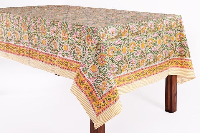 ATOSII Clover Green 100% Cotton Rectangle Fall Tablecloth, Handblock Floral Print Linen Table Cloth for Kitchen Dining I Parties, Weddings, Outdoors, Easter I Home Decor 60 X 108 Inches I 8 Seater