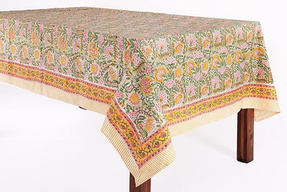 ATOSII Clover Green 100% Cotton Rectangle Fall Tablecloth, Handblock Floral Print Linen Table Cloth for Kitchen Dining I Parties, Weddings, Outdoors, Easter I Home Decor 60 X 108 Inches I 8 Seater
