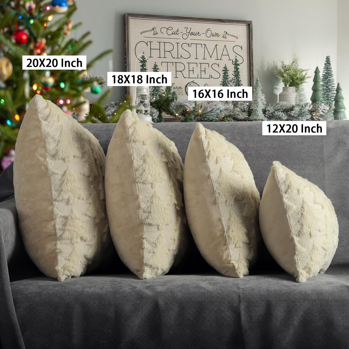 4TH Emotion Christmas Tree Decorative Pillow Covers 18x18 Set of 2, Beige Soft Plush Faux Fur Farmhouse Throw Cushion Cases for Xmas Winter Holiday Home Decor