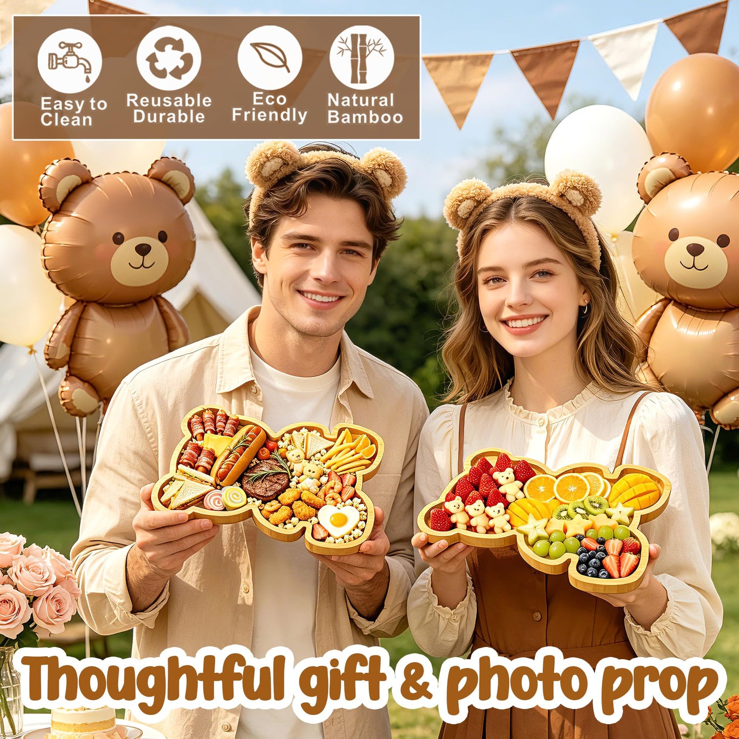 2pc Charcuterie Boards Platters Bear Baby Shower Food Trays Wooden Bear Party Decorations Gender Reveal Food Display Snack Tray Kids Birthday Party Plates Fillable Serving Board for Fruit Cheese