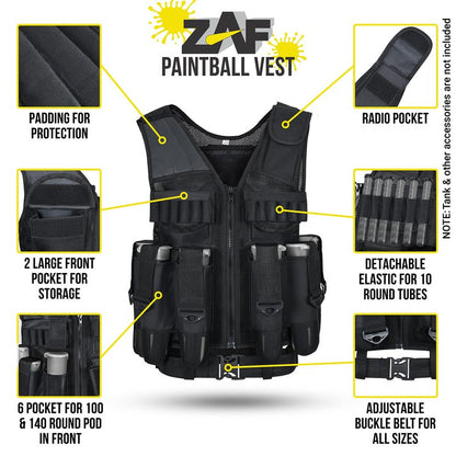 9 pod Paintball/Tactical Vest with Barrel Pouch and Neck protector Unisex Combat vest with Adjustable Sides and Shoulder to Fit all
