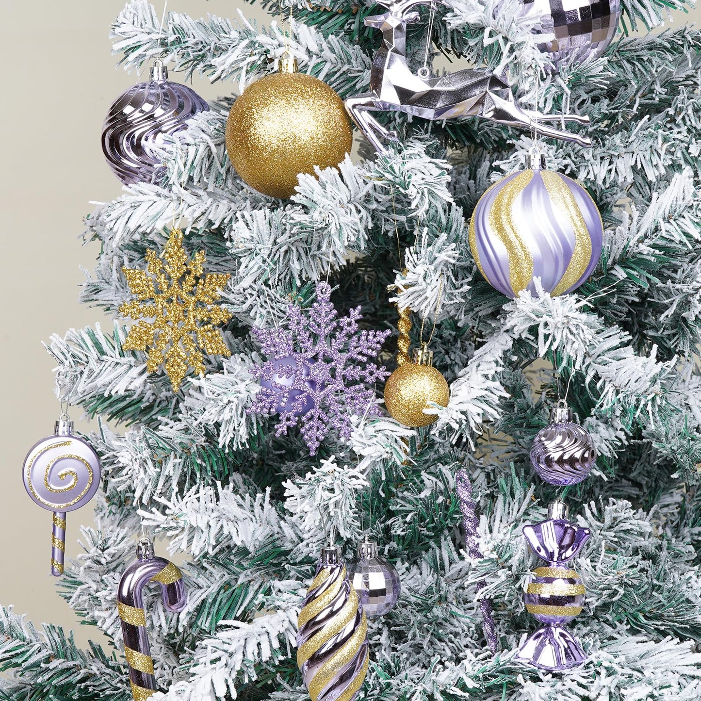 70PCS Christmas Balls Ornaments Set, Shatterproof Xmas Tree Decorations Kit with Balls, Snowflakes, Candy Canes, Star Topper, Reindeer & Hanging Baubles for Holiday Party Decor (Purple & Gold)