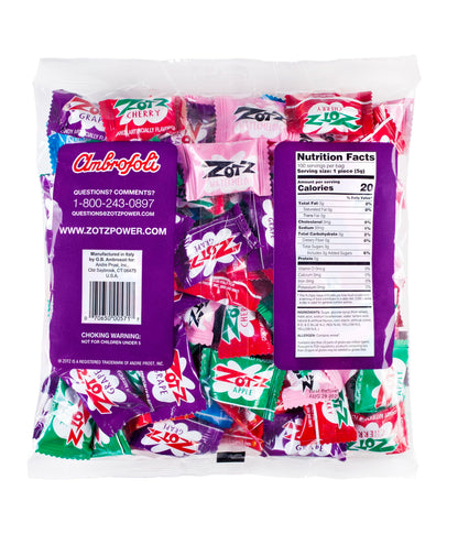 Zotz Fizzy Bulk Candy (Assorted, 100 Units)- Hard Candy Individually Wrapped- Assorted 7 Fruit Flavors, Cherry, Watermelon, Strawberry, Blue Raspberry, Apple, Orange & Grape- From Italy Since 1970