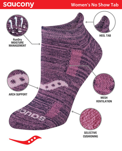 Saucony Women's RunDry Performance Heel Tab Athletic Socks, Available in S-L (8, 16, 24 Pairs), Purple Assorted (8 Pairs), Medium
