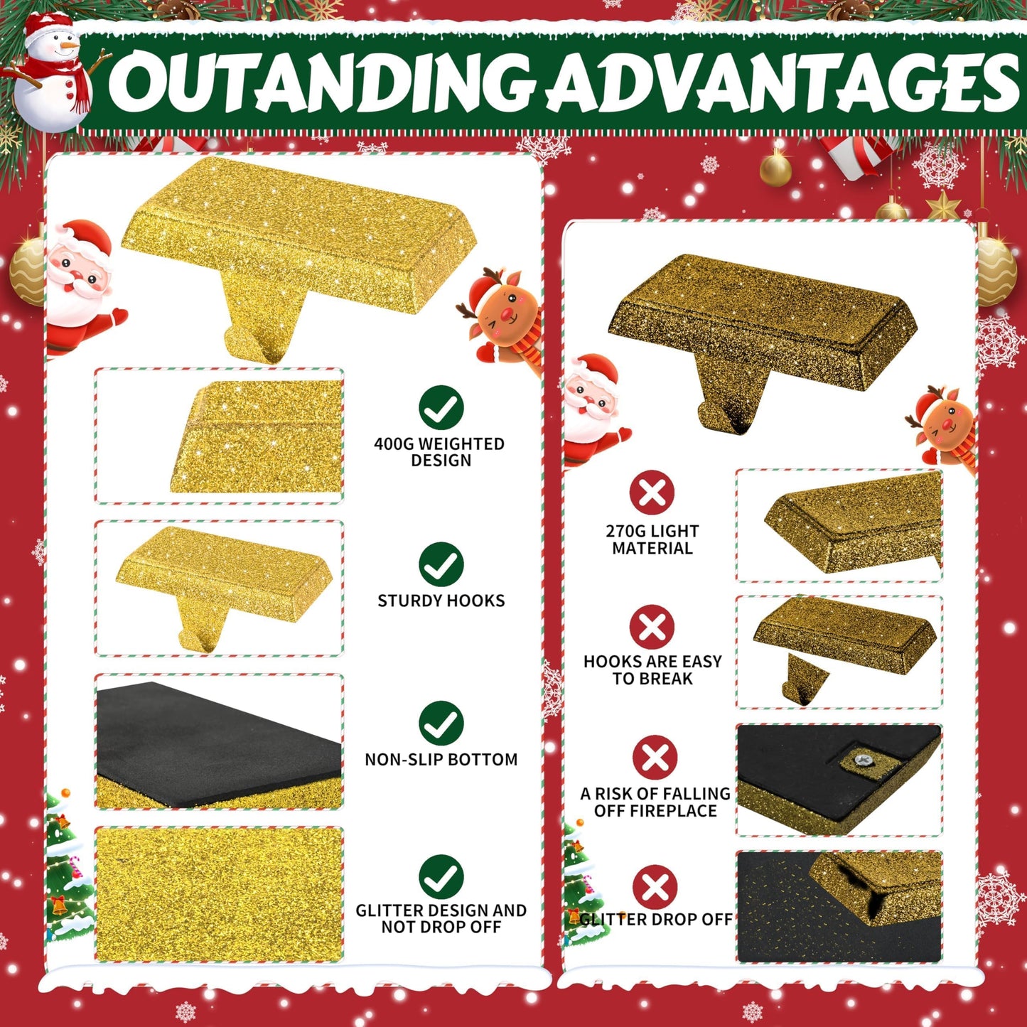 OCTERIC 4 Pack Shiny Glitter Christmas Stocking Holders, Heavy Duty Mantel Hangers Fireplace Hooks Grip Bases for Tables Window Decor Xmas Holiday Party Indoor Decoration (Gold)