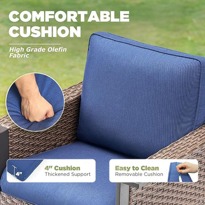 Outdoor Patio Furniture Set Swivel Chairs-9 Pieces All-Weather Wicker 3 Seater Sofa with 2 Ottomans Rattan Side Table, Wicker Sofa Outdoor Furniture for Porch Deck Backyard Brown/Blue
