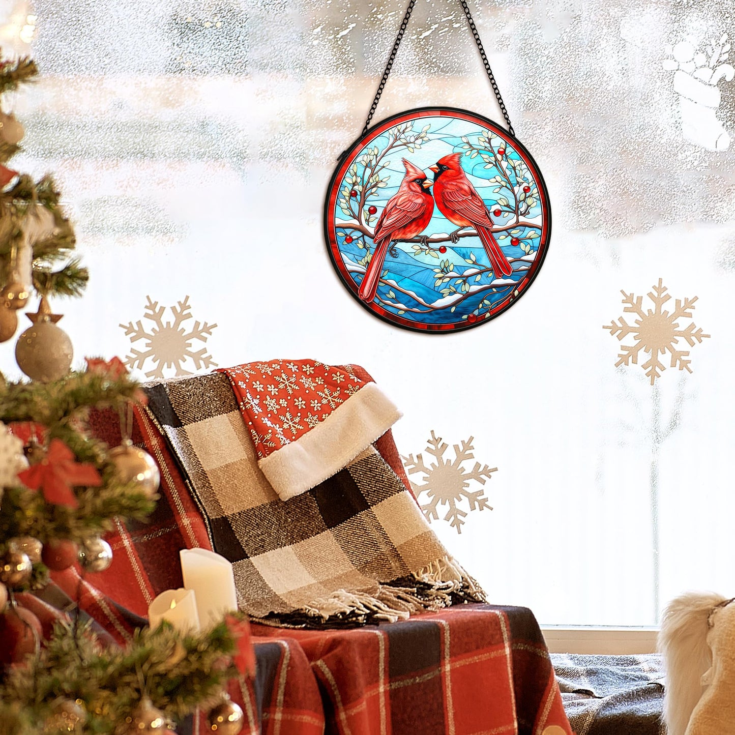 cvjutf Cardinal Suncatcher Stained Glass Window Hanging Decor, Winter Christmas Cardinal Stained Glass Wall Decor, Christmas Bird Lawn Garden Sun Catchers Indoor Window Hanging Wall Art, 7.9x7.9In