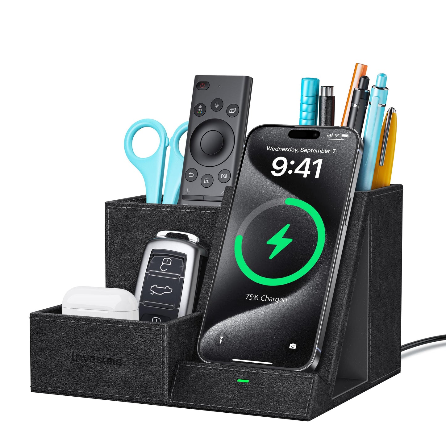 Investme Wireless Charger with Desk Organizer, Pen Pencil Holder, Multifunctional Desktop Organizer, Office Supplies and Desk Accessories Organizer with 3 Compartments and 1 Phone Stand, PU Black
