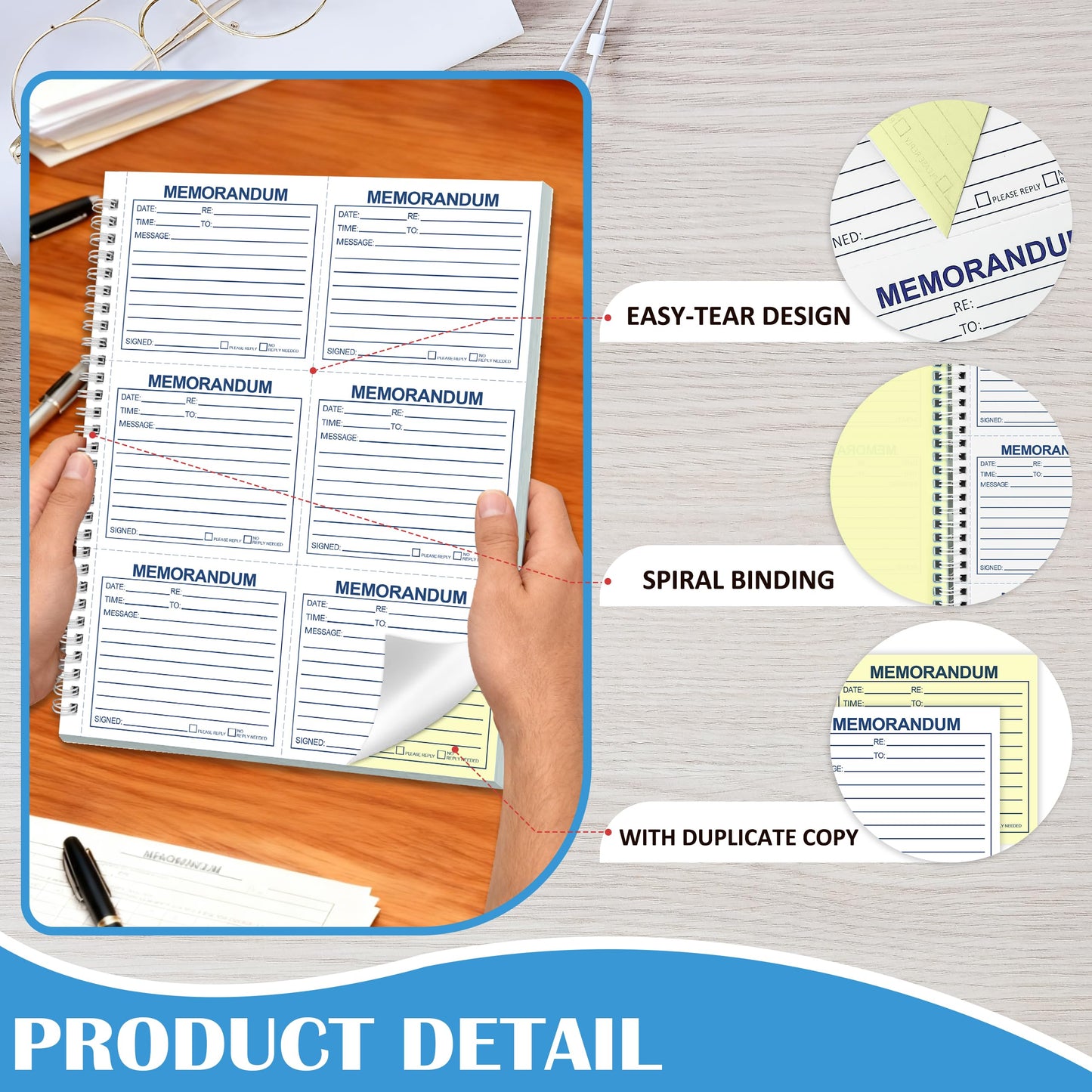 Memorandum Forms Book 300 Sets Carbonless 2 Part Duplicate Memo Pads 8.5x11 Inches Phone Message Book Spiral Bound With Tear Off Line And Writing Board Backing Suitable For Office Or School(1, Blue)