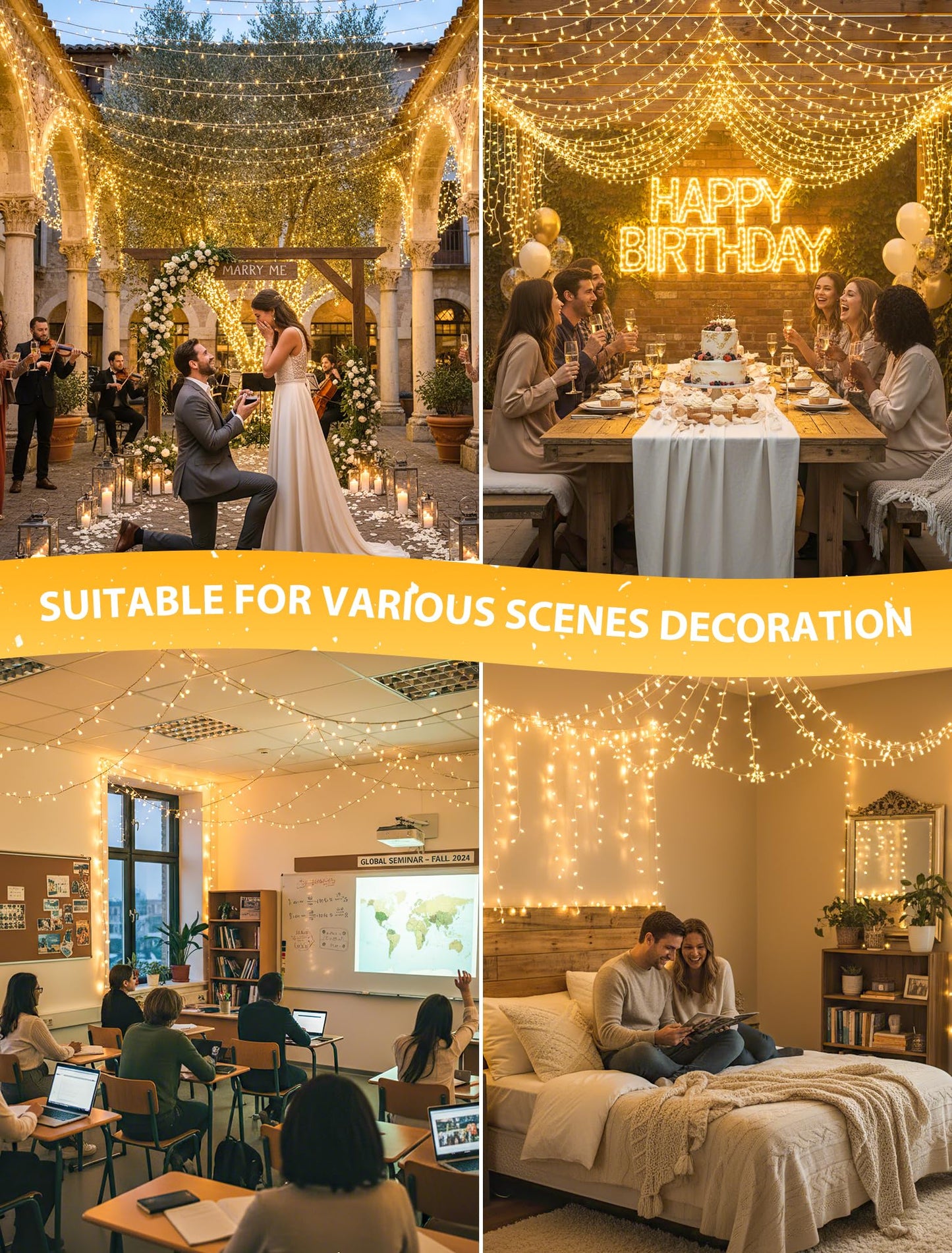 YOUNGAR 98FT String Lights Outdoor, 8 Modes Fairy Twinkle Christmas 200 LED Lights, 30V Plug-in for Tree, Home, Garden, Wedding, Party, Holiday Indoor Decoration, Warm White, Connectable